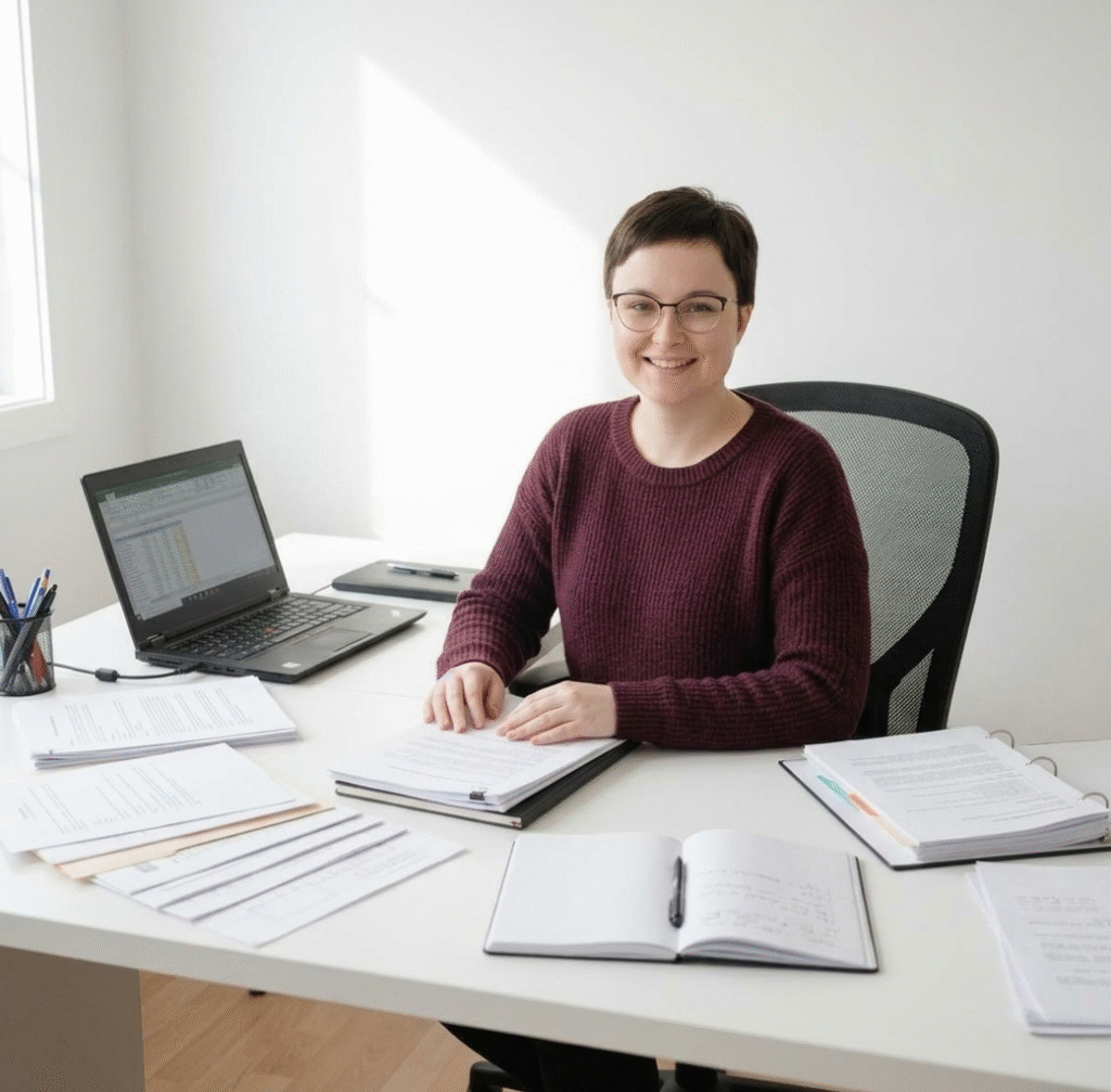 Magdalena Buraczyńska, właścicielka BiuroDal.pl, siedzi przy biurku z laptopem i dokumentami.